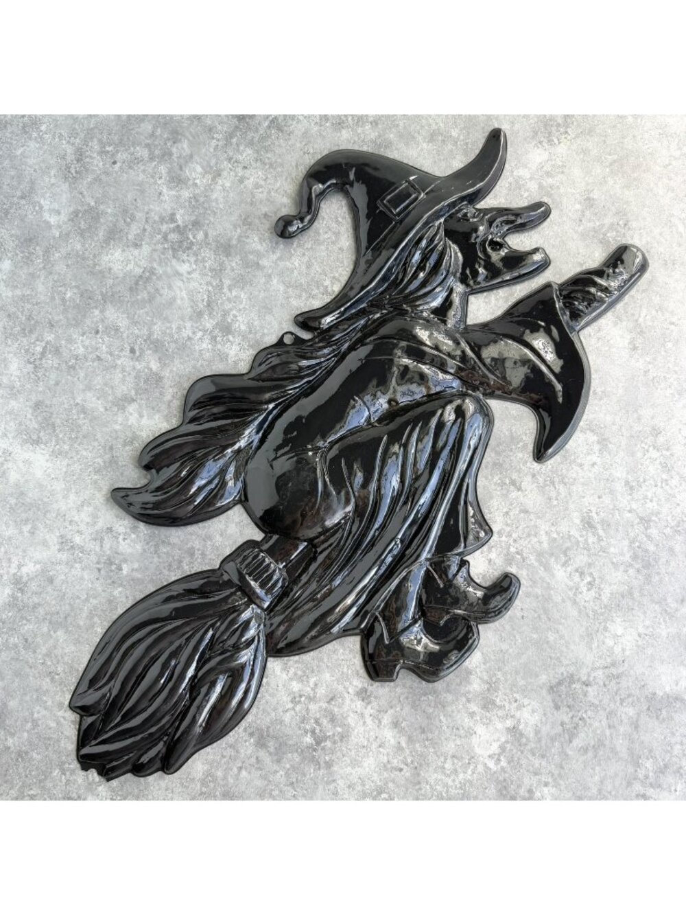 Vintage Plastic Vacuform 3D Black Flying Witch On Broom 22” Halloween Decoration